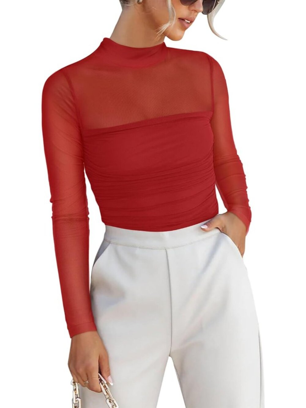Women's Red Mock Neck Pullover Sheer Slim Fit Rushed Mesh Long Sleeve Top
